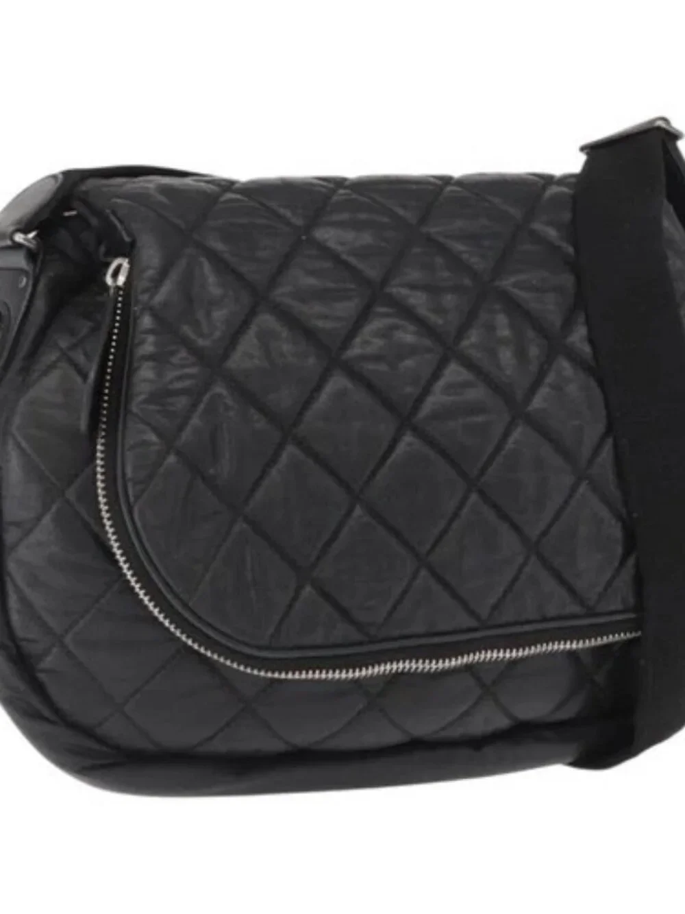 CHANEL Matelasse Shoulder Bag Nylon Black Silver CC Auth bs32463